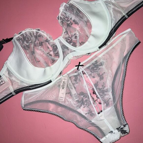 Victoria's Secret UNLINED 34C BRA SET L Panty+thong WHITE BLACK EMBROIDERED - Picture 3 of 4